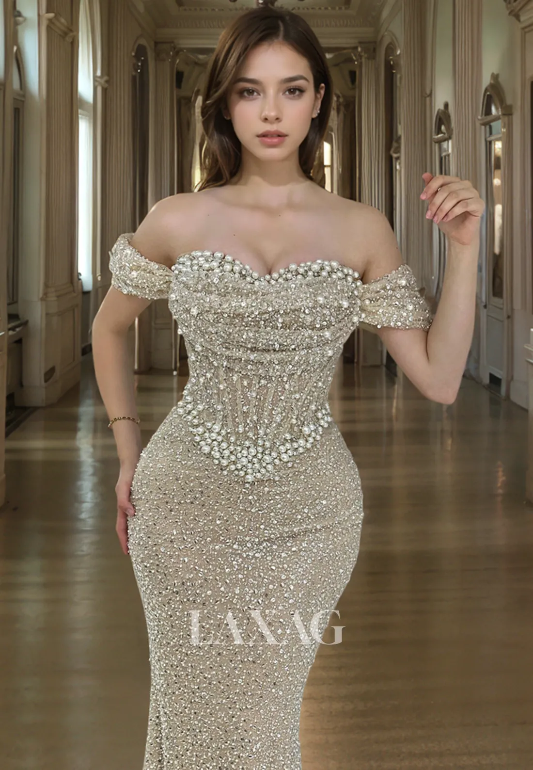 22096 - Off Shouleder Pearls Beaded Fitted Mermaid Party Prom Formal Evening Dress