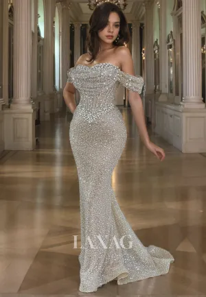 22096 - Off Shouleder Pearls Beaded Fitted Mermaid Party Prom Formal Evening Dress