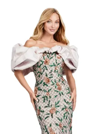 Ashley Lauren 11433  Long Prom Dress Beaded Off Shoulder Gown  Oversized Ruffle Formal Pageant