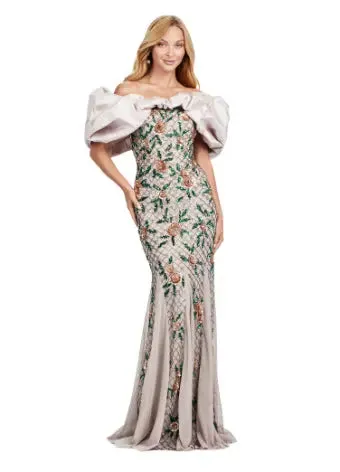 Ashley Lauren 11433  Long Prom Dress Beaded Off Shoulder Gown  Oversized Ruffle Formal Pageant