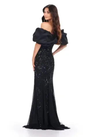 Ashley Lauren 11433  Long Prom Dress Beaded Off Shoulder Gown  Oversized Ruffle Formal Pageant
