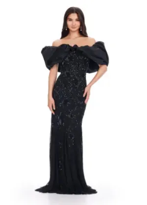 Ashley Lauren 11433  Long Prom Dress Beaded Off Shoulder Gown  Oversized Ruffle Formal Pageant
