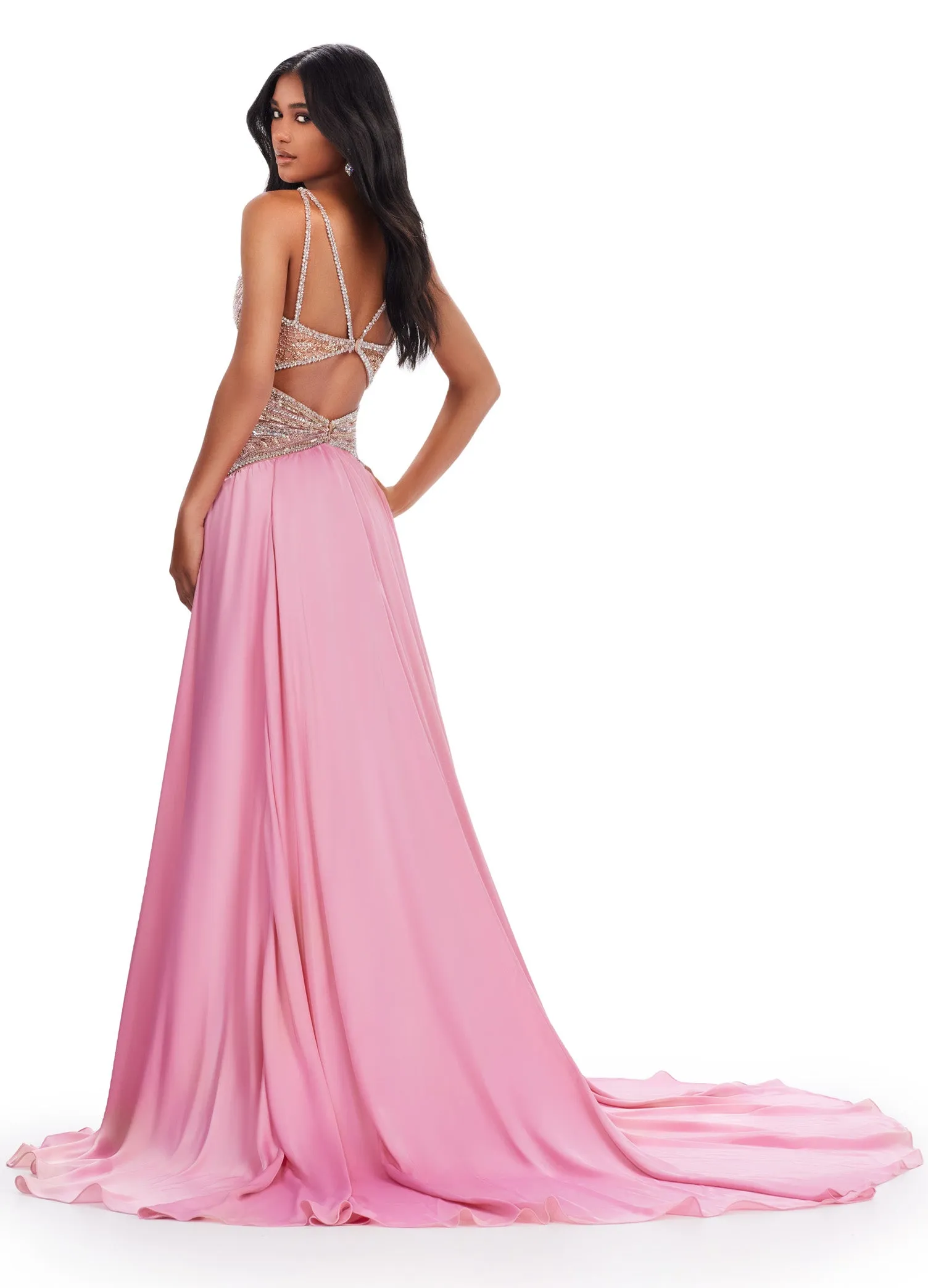 Ashley Lauren 11455 Long Prom Dress Halter Charmeuse Gown Fully Beaded Top V Neck Train Formal Pageant Gown