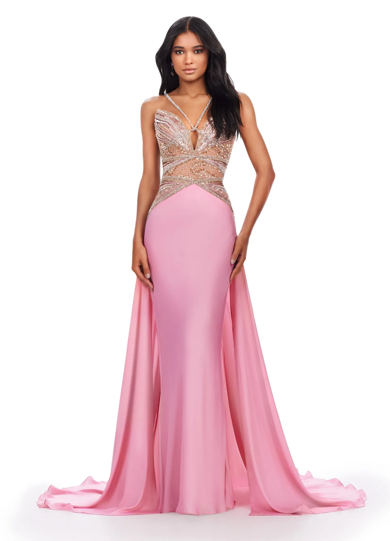 Ashley Lauren 11455 Long Prom Dress Halter Charmeuse Gown Fully Beaded Top V Neck Train Formal Pageant Gown