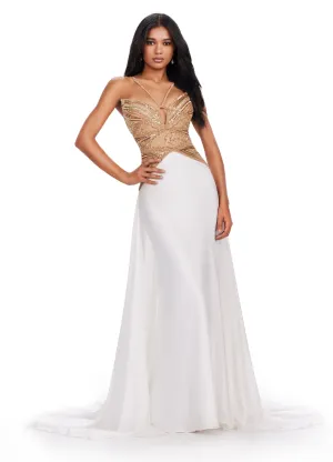 Ashley Lauren 11455 Long Prom Dress Halter Charmeuse Gown Fully Beaded Top V Neck Train Formal Pageant Gown