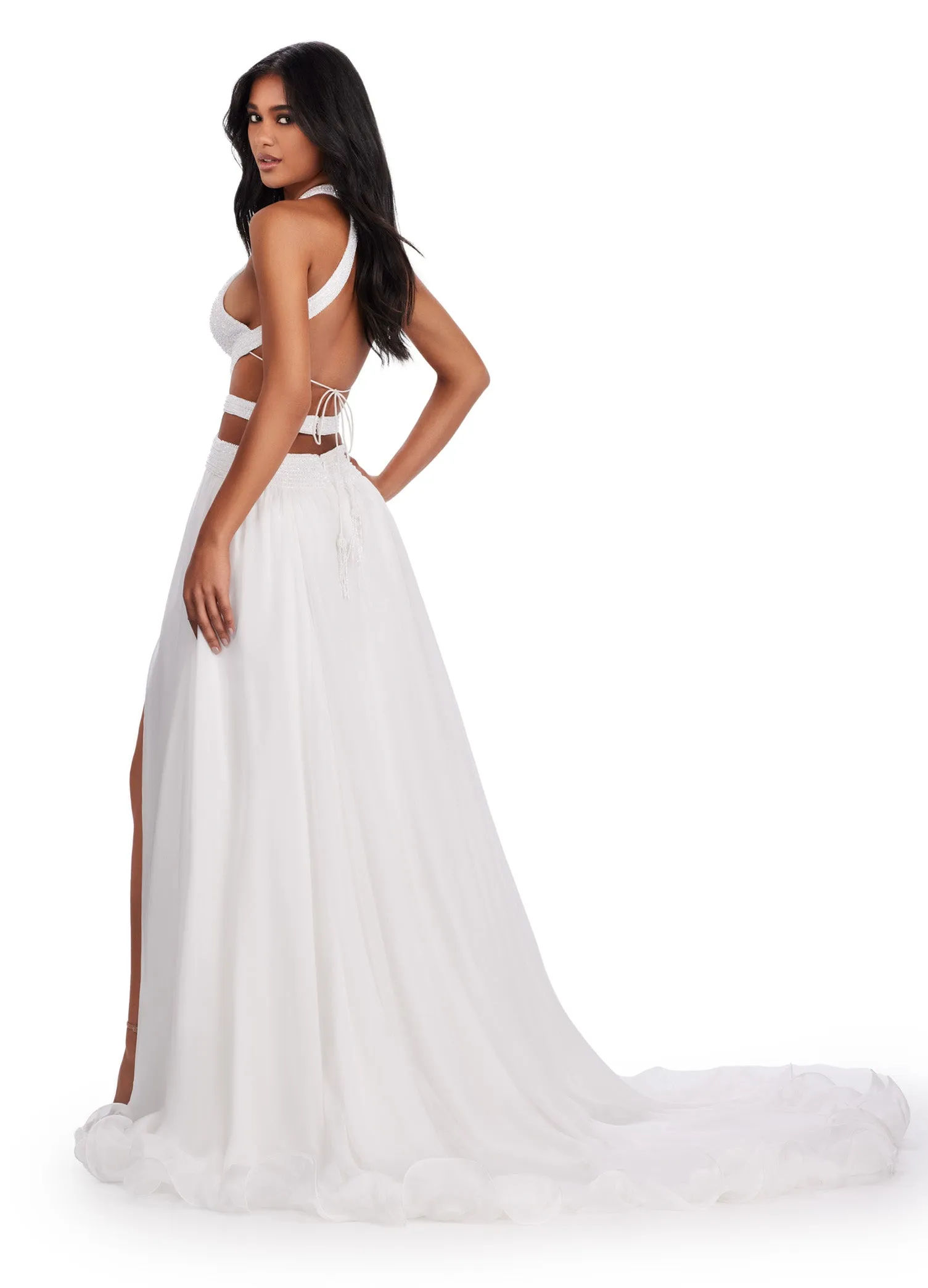 Ashley Lauren 11504 Long Prom Dress Cut Out Gown Beaded Bustier Chiffon Skirt Formal Pageant