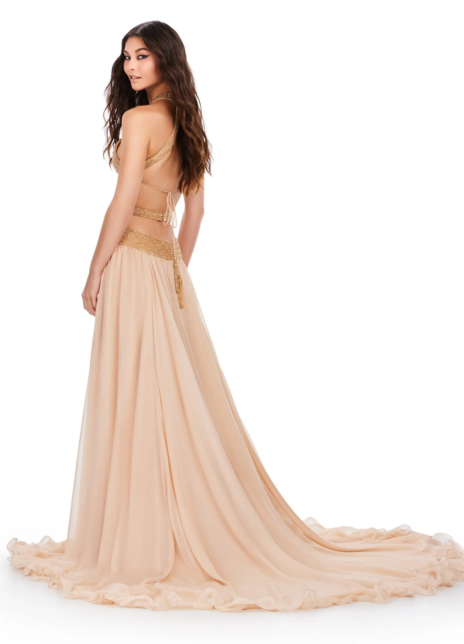 Ashley Lauren 11504 Long Prom Dress Cut Out Gown Beaded Bustier Chiffon Skirt Formal Pageant