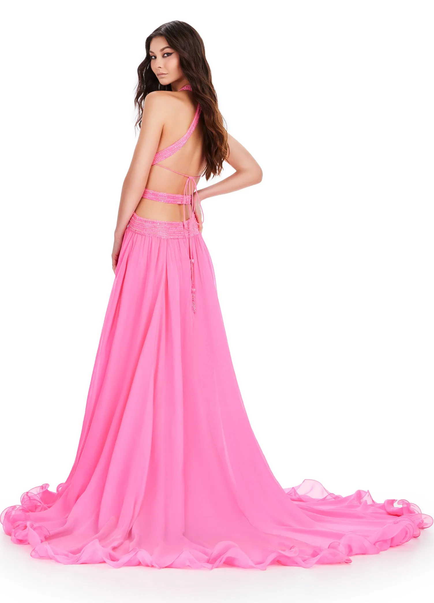 Ashley Lauren 11504 Long Prom Dress Cut Out Gown Beaded Bustier Chiffon Skirt Formal Pageant