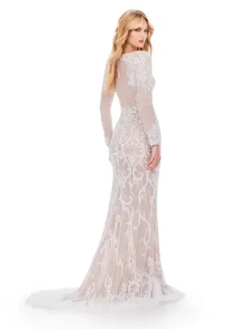Ashley Lauren 11507 Long Prom Dress Long Sleeve Beaded Gown with Illusion Open Back Formal Pageant