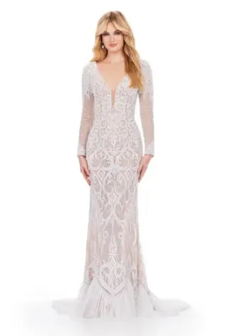 Ashley Lauren 11507 Long Prom Dress Long Sleeve Beaded Gown with Illusion Open Back Formal Pageant