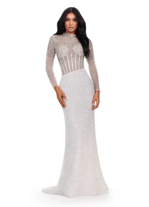 Ashley Lauren 11522 Long Prom Dress Long Sleeve Beaded Gown Exposed Corset Bustier Formal Pageant Gown