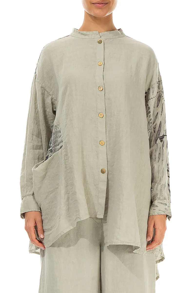 Asymmetrical Laurel Green Printed Back Linen Shirt