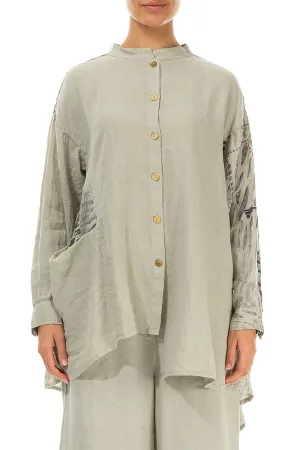 Asymmetrical Laurel Green Printed Back Linen Shirt