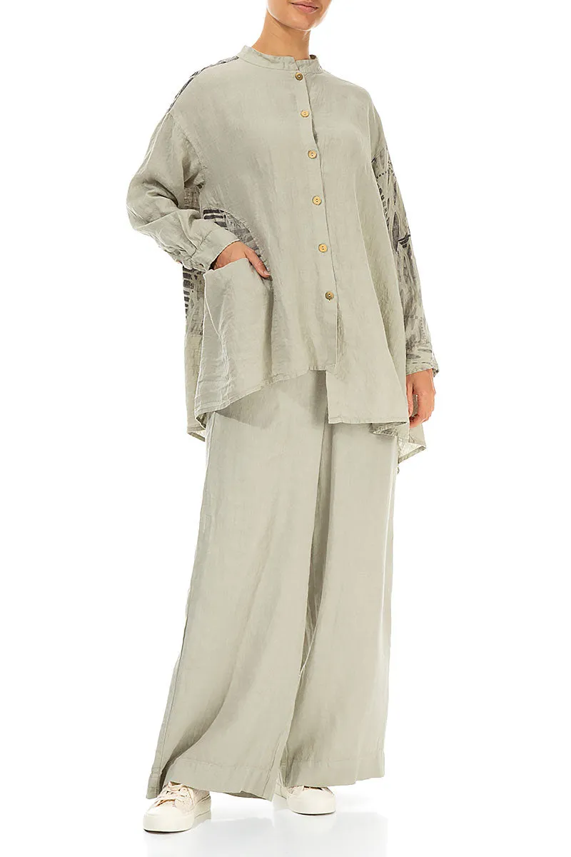 Asymmetrical Laurel Green Printed Back Linen Shirt