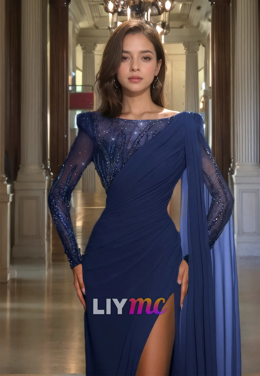 Bateau Long Sleeves Sequins Beaded High Slit Sheath Prom Dress