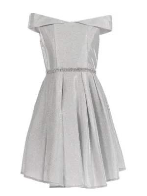 Big Girls Silver Glitter Metallic Off Shoulder Junior Bridesmaid Dress 8-14