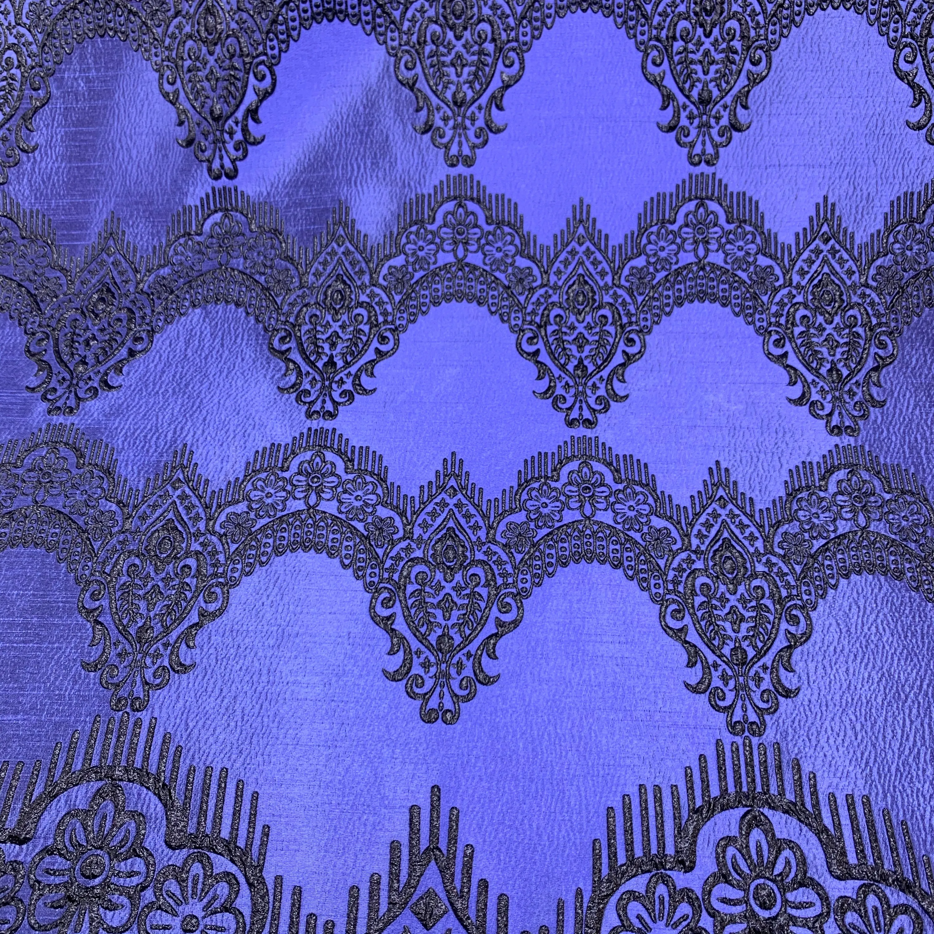 Black And Purple/Blue Damask Textured Brocade Fabric