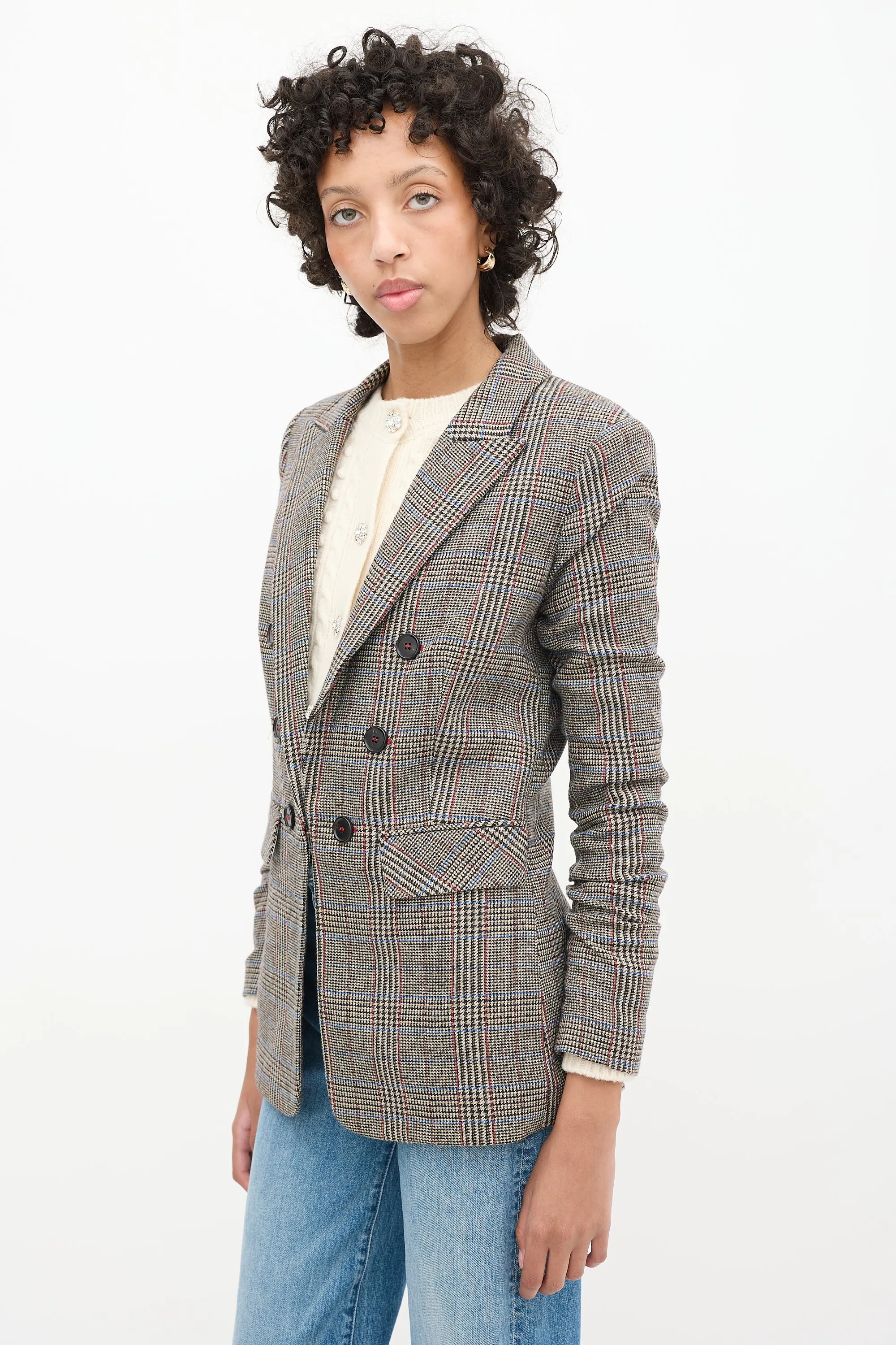 Brown & Multi Wool Check Ruched Sleeve Blazer