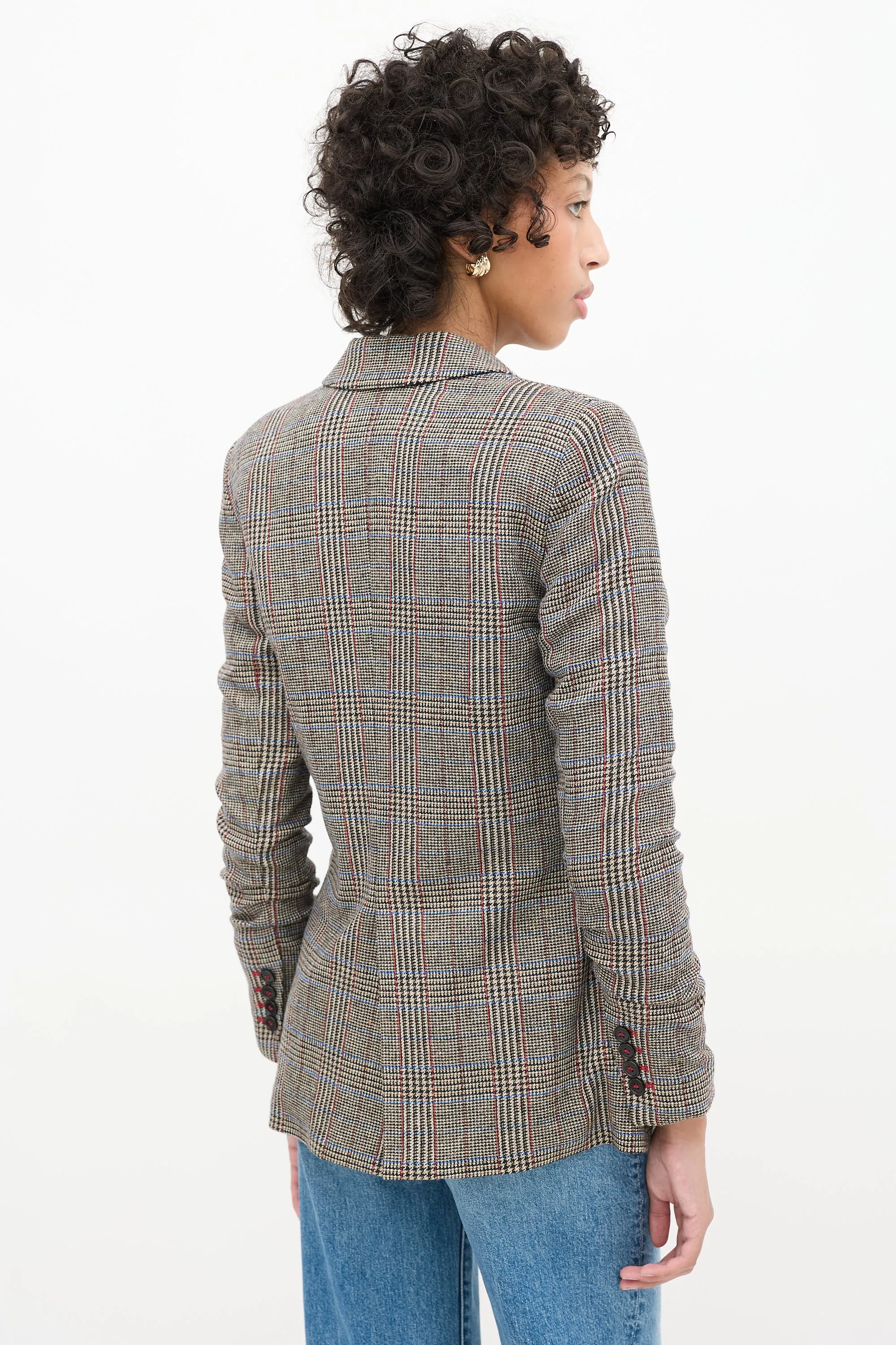 Brown & Multi Wool Check Ruched Sleeve Blazer