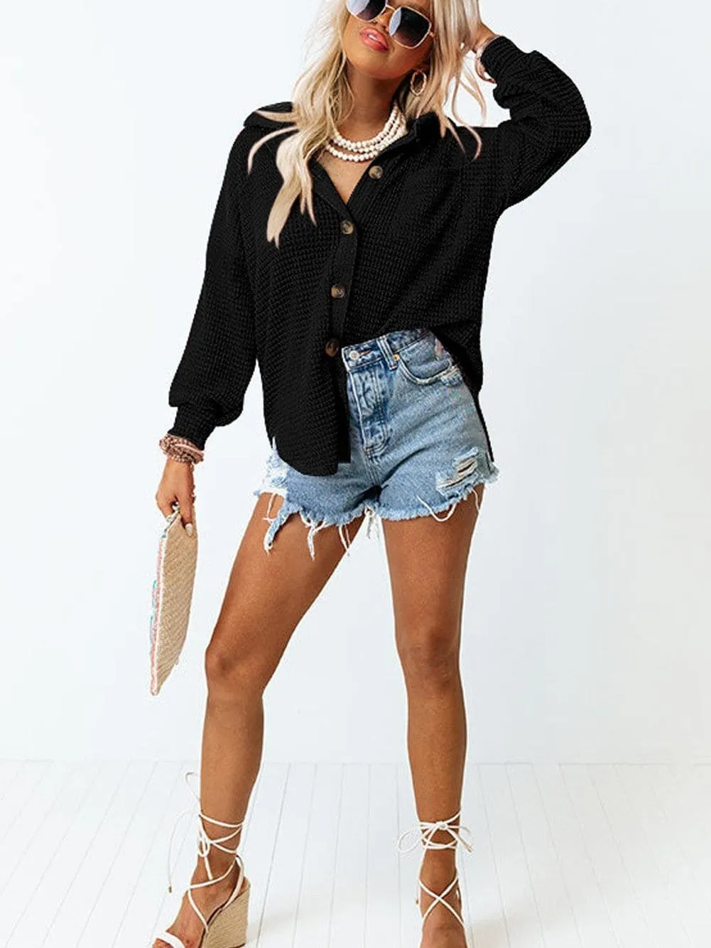 Casual Black Waffle Knit Button-Up Shirt for Everyday Chic