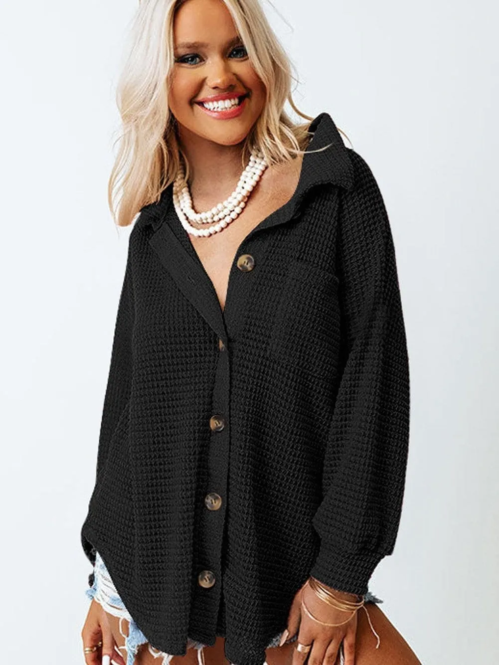 Casual Black Waffle Knit Button-Up Shirt for Everyday Chic