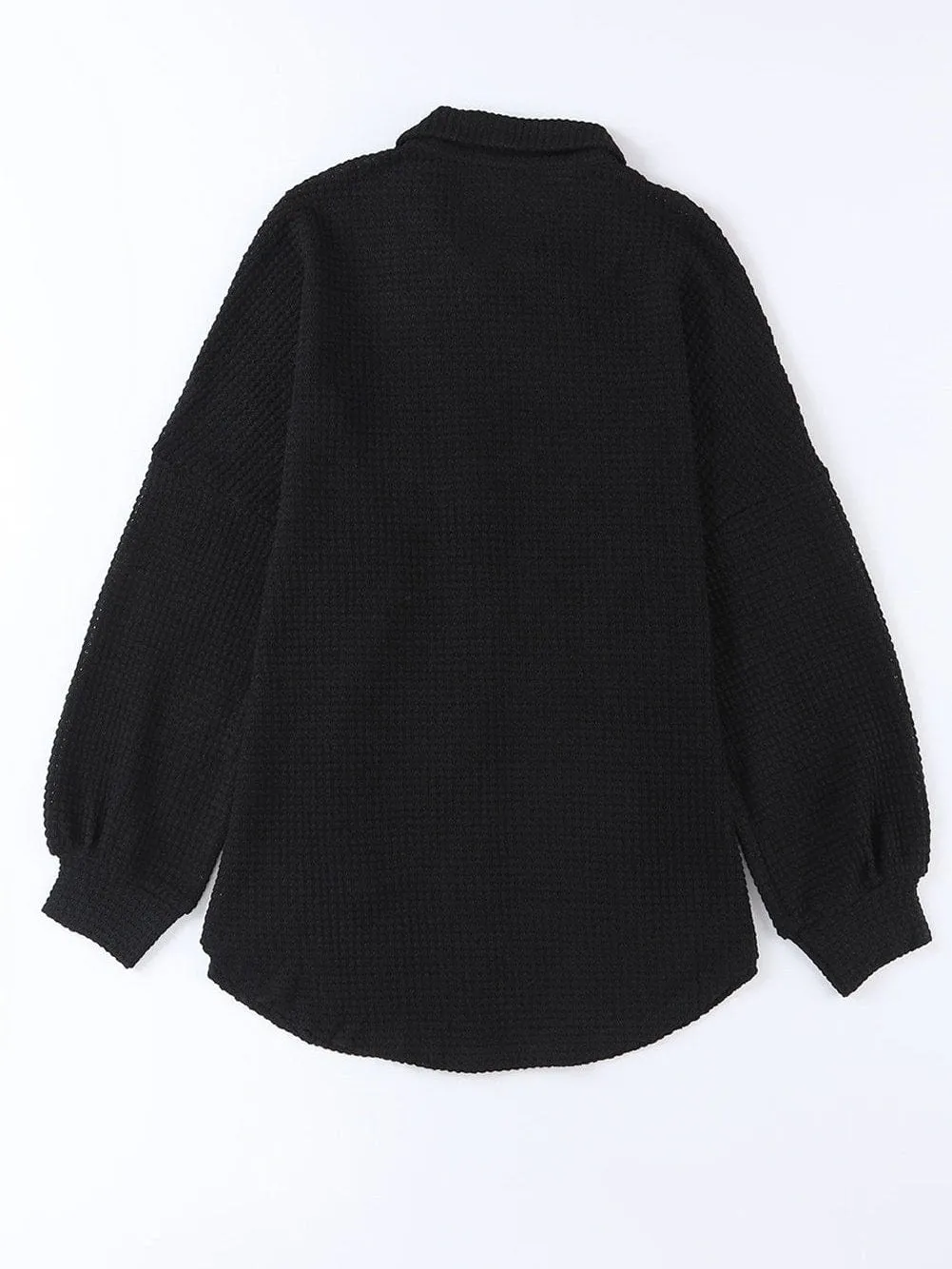 Casual Black Waffle Knit Button-Up Shirt for Everyday Chic
