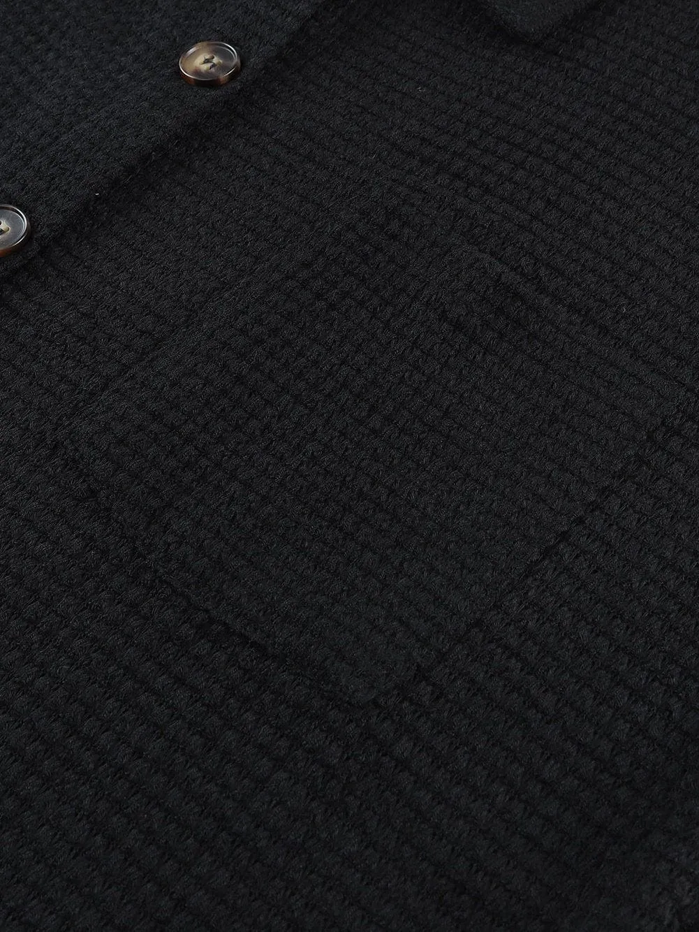 Casual Black Waffle Knit Button-Up Shirt for Everyday Chic