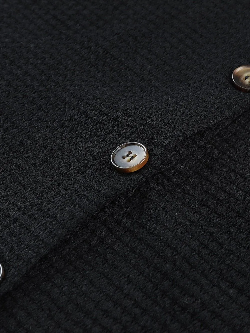 Casual Black Waffle Knit Button-Up Shirt for Everyday Chic