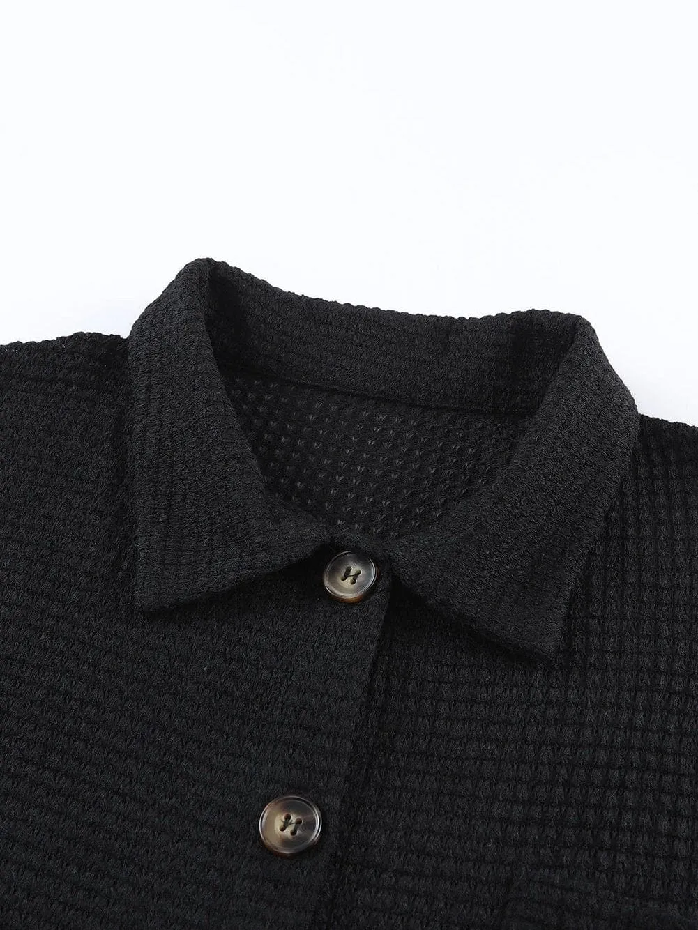 Casual Black Waffle Knit Button-Up Shirt for Everyday Chic