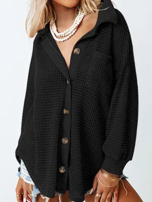 Casual Black Waffle Knit Button-Up Shirt for Everyday Chic
