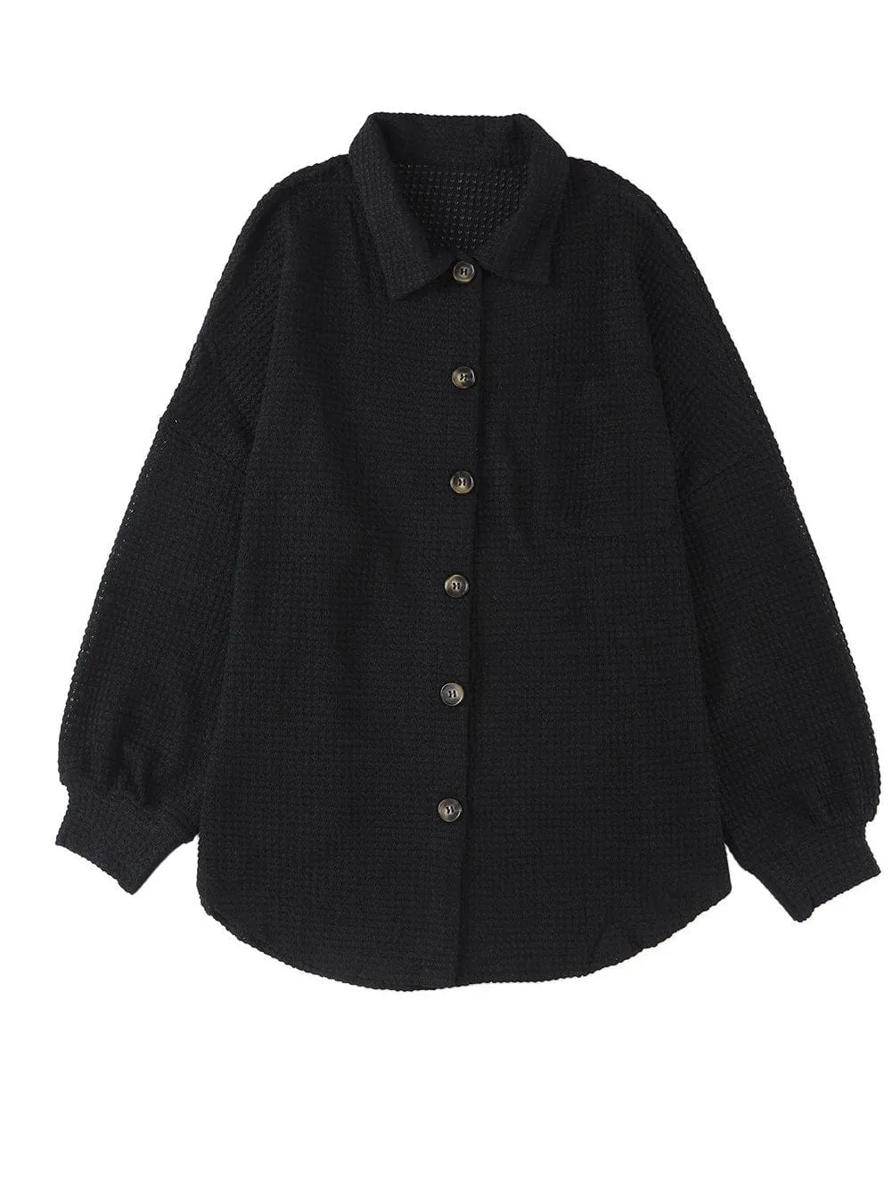 Casual Black Waffle Knit Button-Up Shirt for Everyday Chic