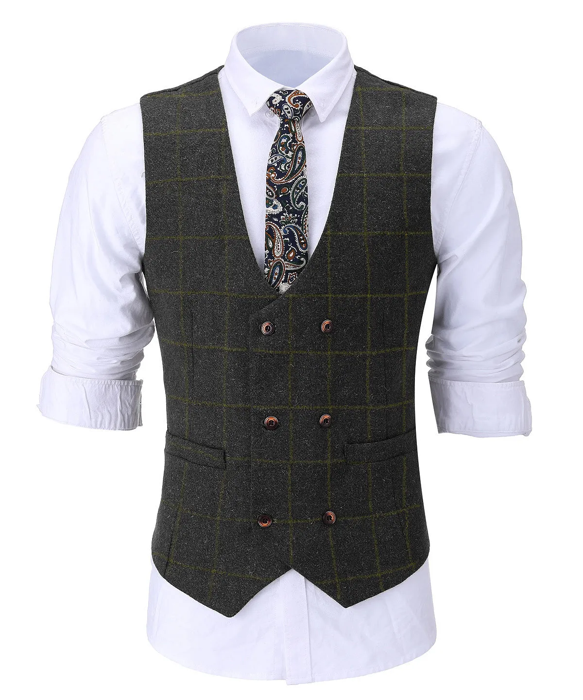 Casual Men's Suit Vest Regular Fit Plaid Tweed Waistcoat