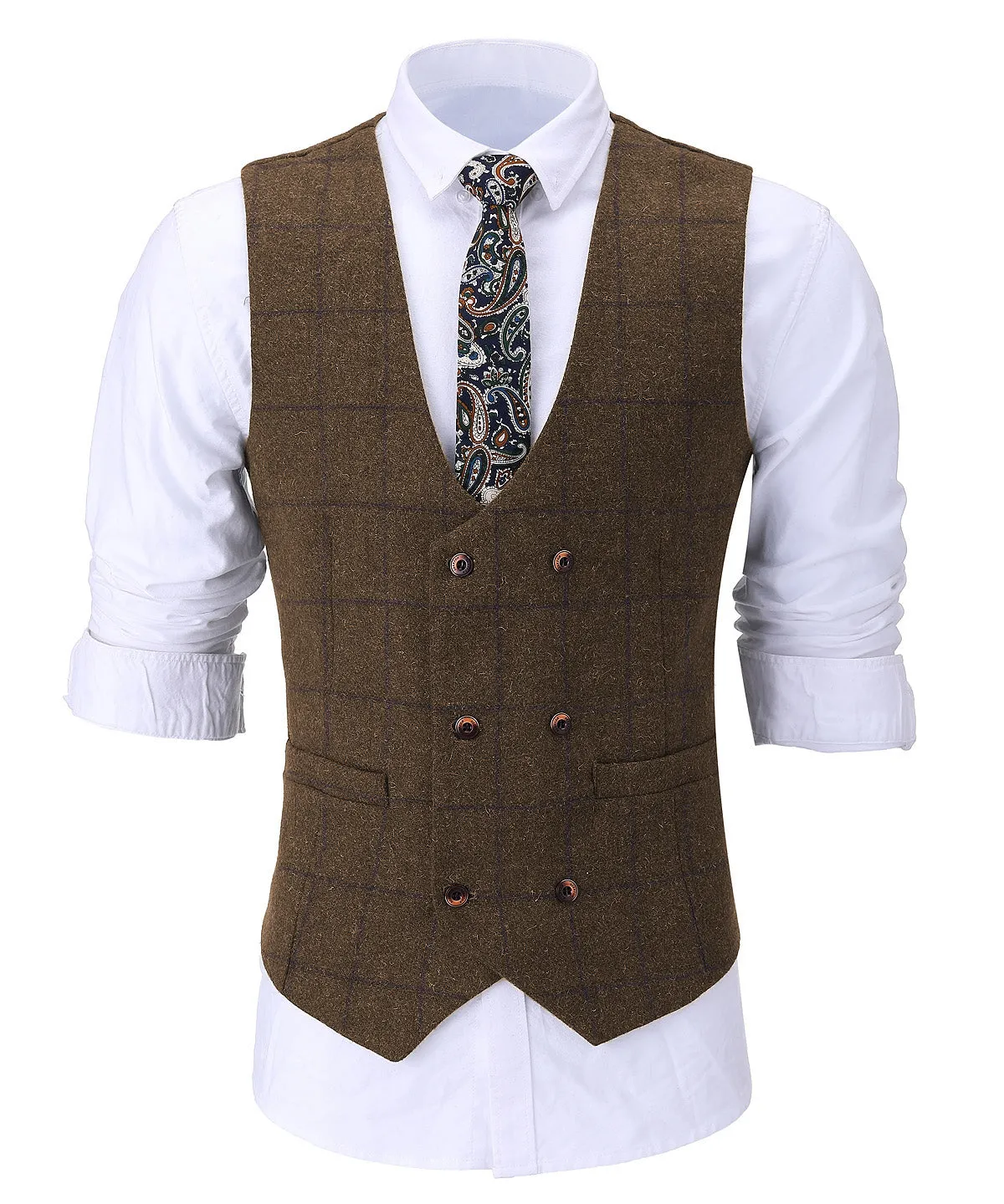 Casual Men's Suit Vest Regular Fit Plaid Tweed Waistcoat