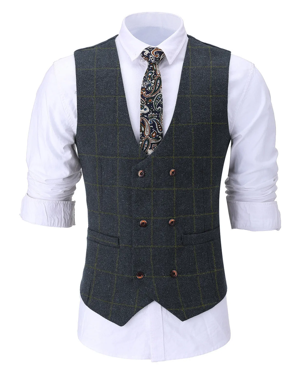 Casual Men's Suit Vest Regular Fit Plaid Tweed Waistcoat