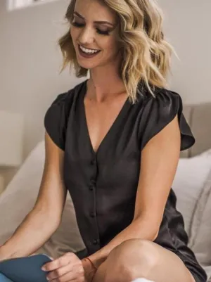 Chelsea Silk Button Up Top · Black Caviar