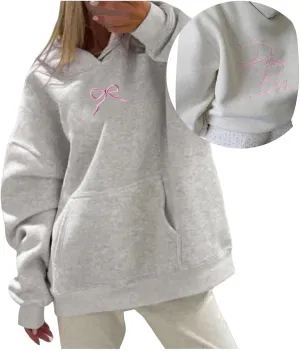 Embroidered Bow Hoodie For Women Trendy Preppy Sweatshirts Aesthetic Hoodies Cute Hoodie Casual Essential Sweater