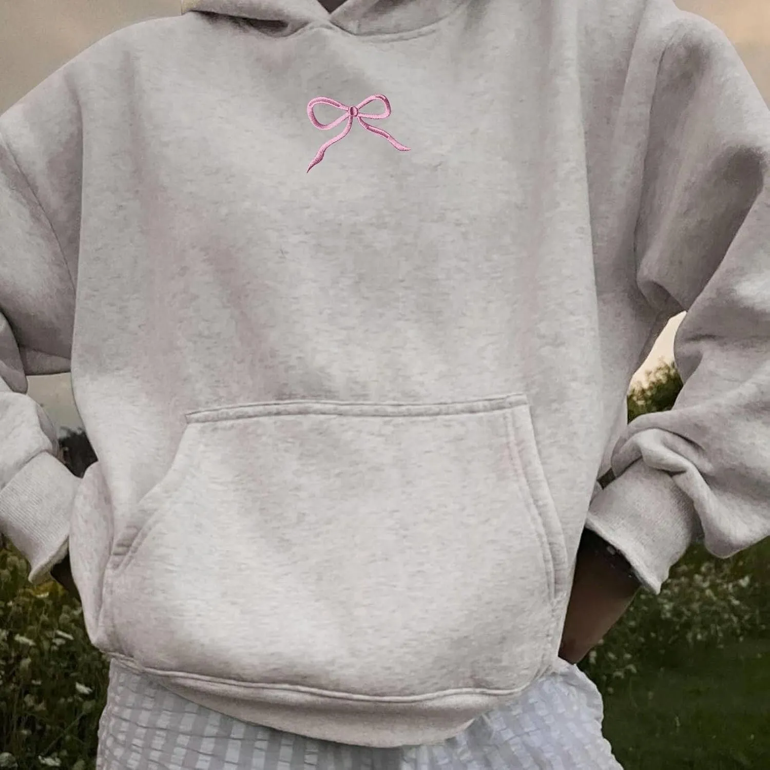 Embroidered Bow Hoodie For Women Trendy Preppy Sweatshirts Aesthetic Hoodies Cute Hoodie Casual Essential Sweater