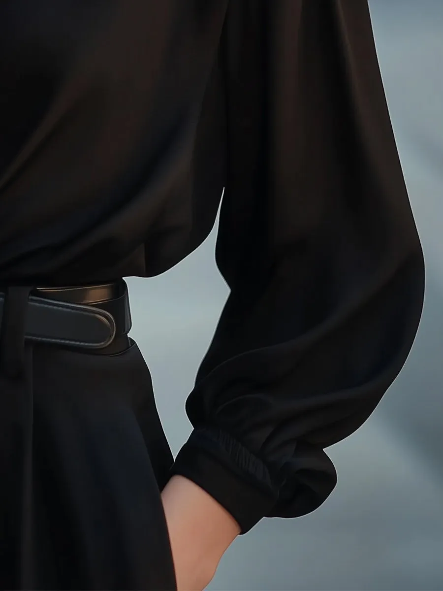 Fake Two-piece Chic Black Satin Blouse with White Contrast Collar