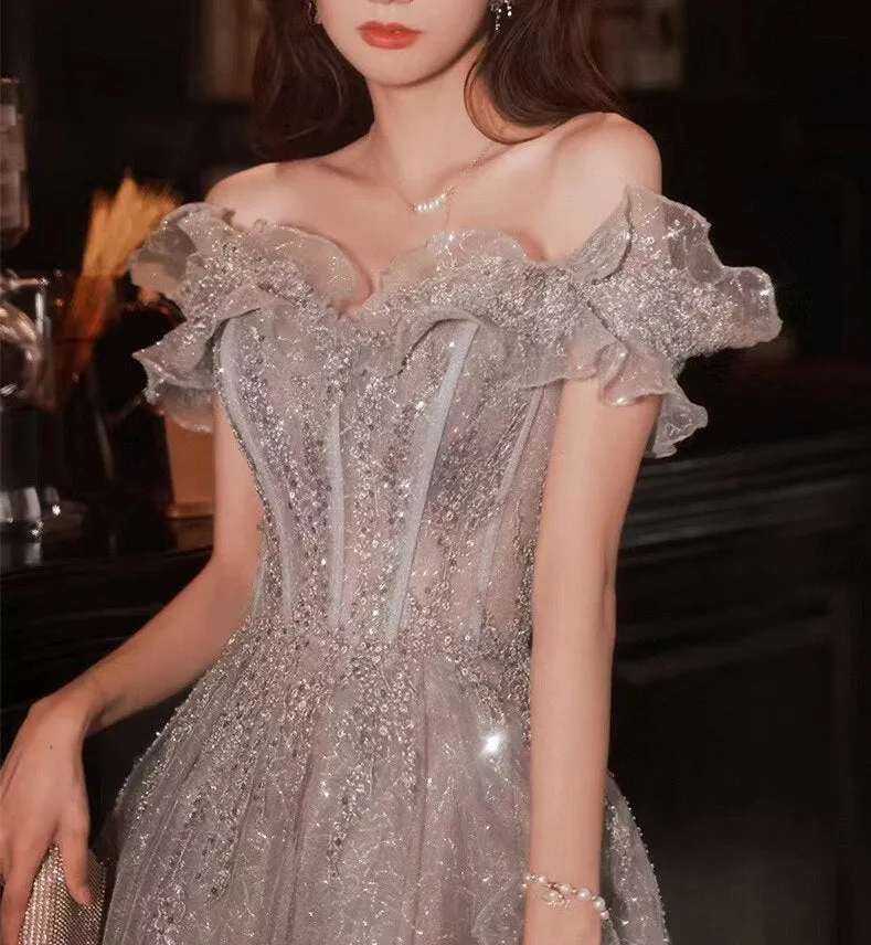 Getadme Elegant Gray Flowers Evening dress Off Shoulder Shiny Sequin Lace A-line Ruched Lace up Woman Formal Party Prom Gowns New