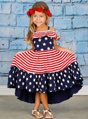 Girls 4th of July Themed Hi-Lo Star & Striped Print Off the Shoulder Ruffled Dress