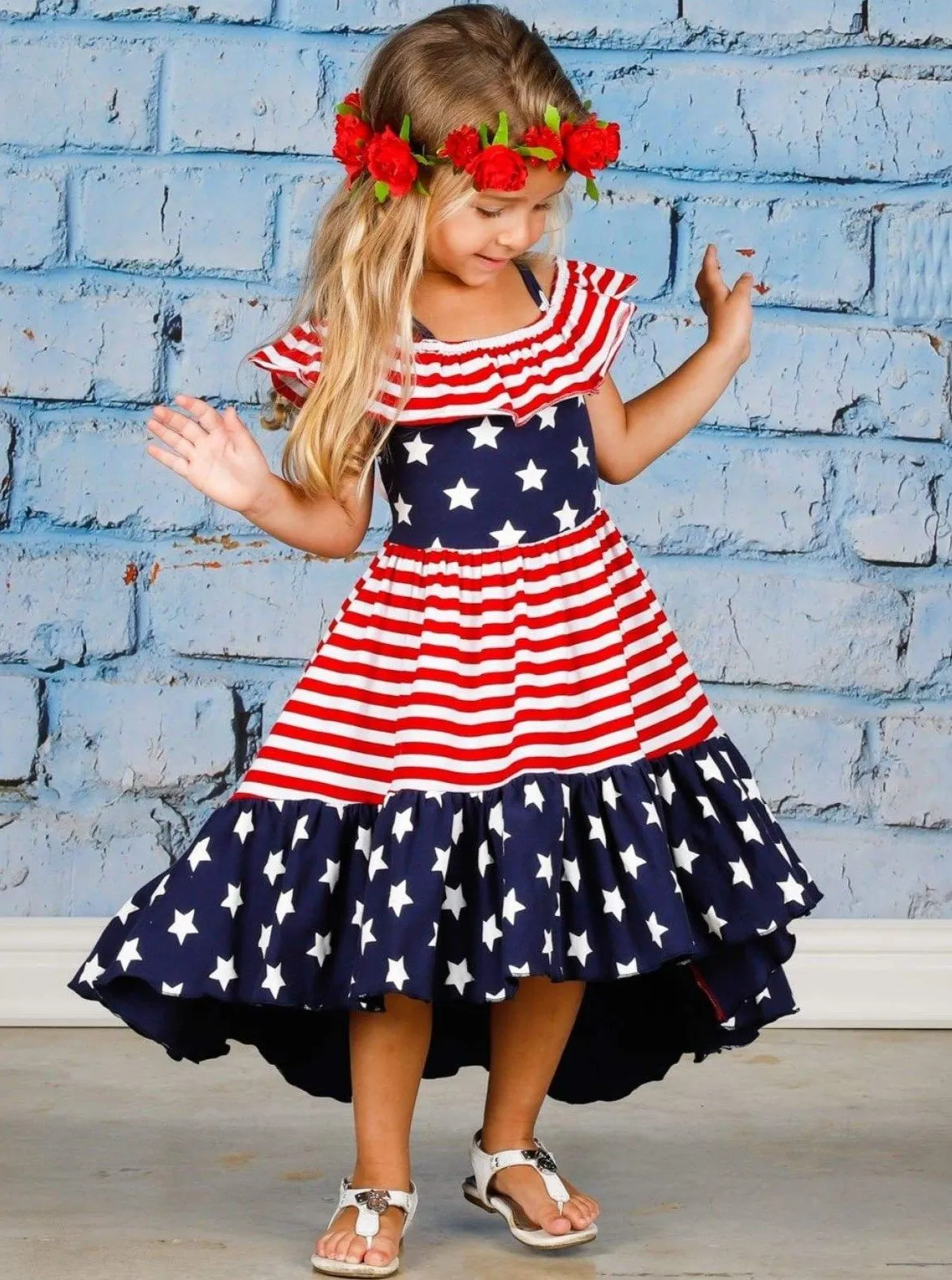 Girls 4th of July Themed Hi-Lo Star & Striped Print Off the Shoulder Ruffled Dress