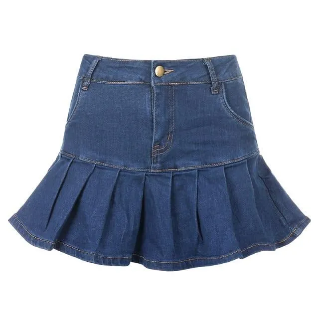 High Waisted Pleated Mini Denim Skirt | Denim Skirt for Girl | Casual Denim Skirt | Preppy Style Casual Zipper Skirts | Denim Pleated Skirts