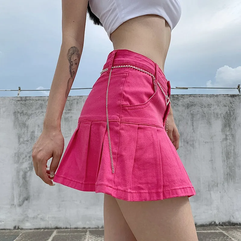 High Waisted Pleated Mini Denim Skirt | Denim Skirt for Girl | Casual Denim Skirt | Preppy Style Casual Zipper Skirts | Denim Pleated Skirts