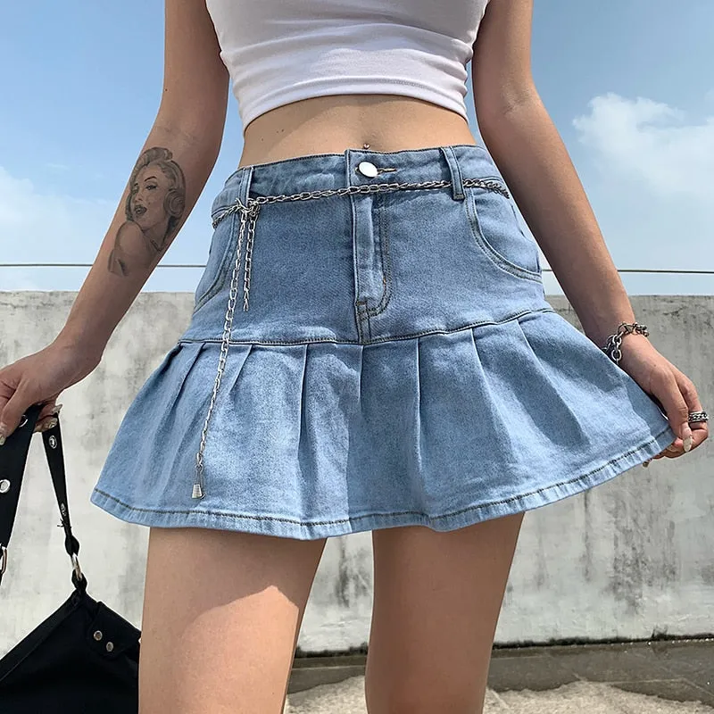High Waisted Pleated Mini Denim Skirt | Denim Skirt for Girl | Casual Denim Skirt | Preppy Style Casual Zipper Skirts | Denim Pleated Skirts