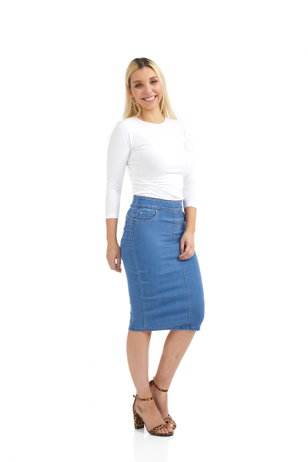 High Waisted Pull-on Jean Pencil Skirt 'Siena' EX802208