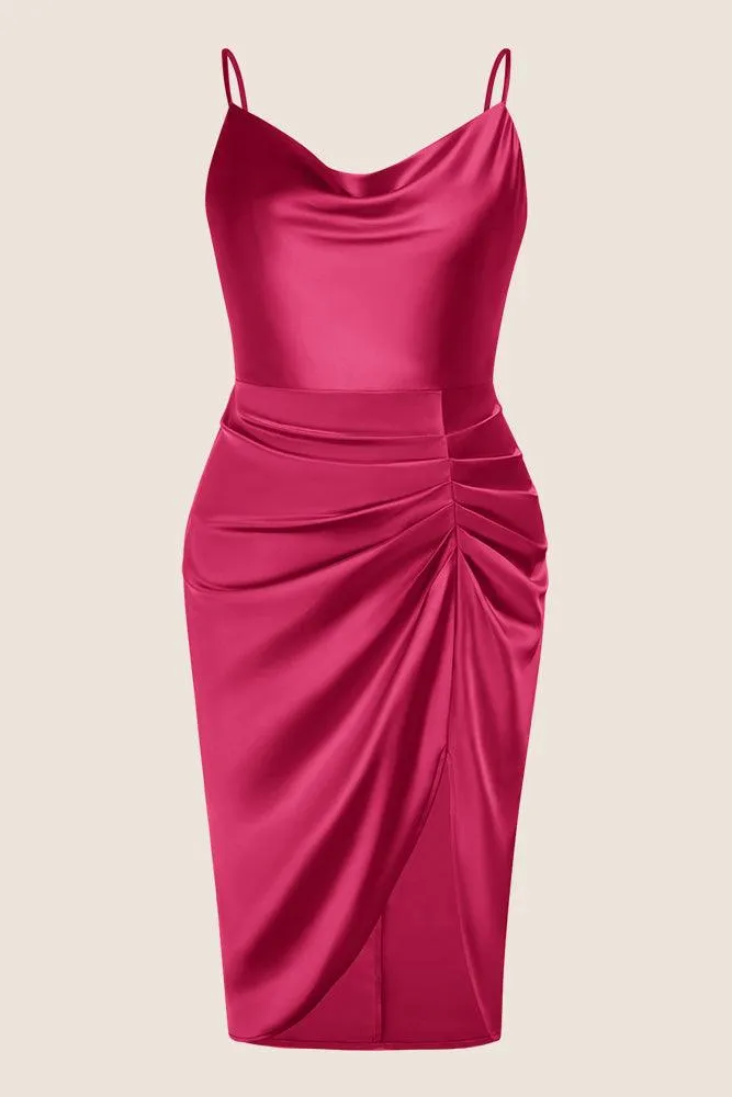 HN Front Slit Party Cowl Neck Ruched Bodycon Dress