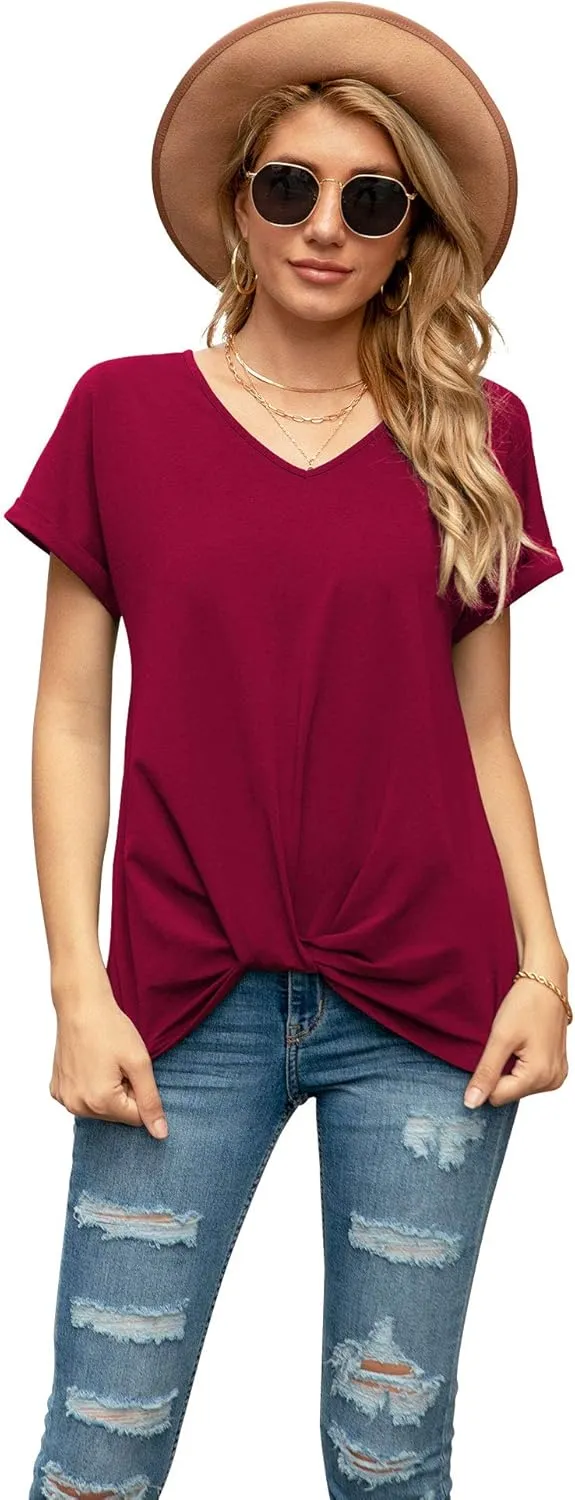 Iandroiy Women's Comfy Casual Summer Tops Short Sleeve V Neck Blouses T Shirts Twist Knot Tees