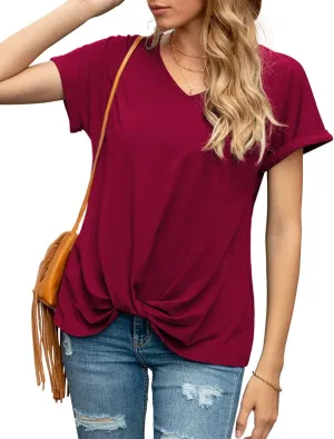 Iandroiy Women's Comfy Casual Summer Tops Short Sleeve V Neck Blouses T Shirts Twist Knot Tees
