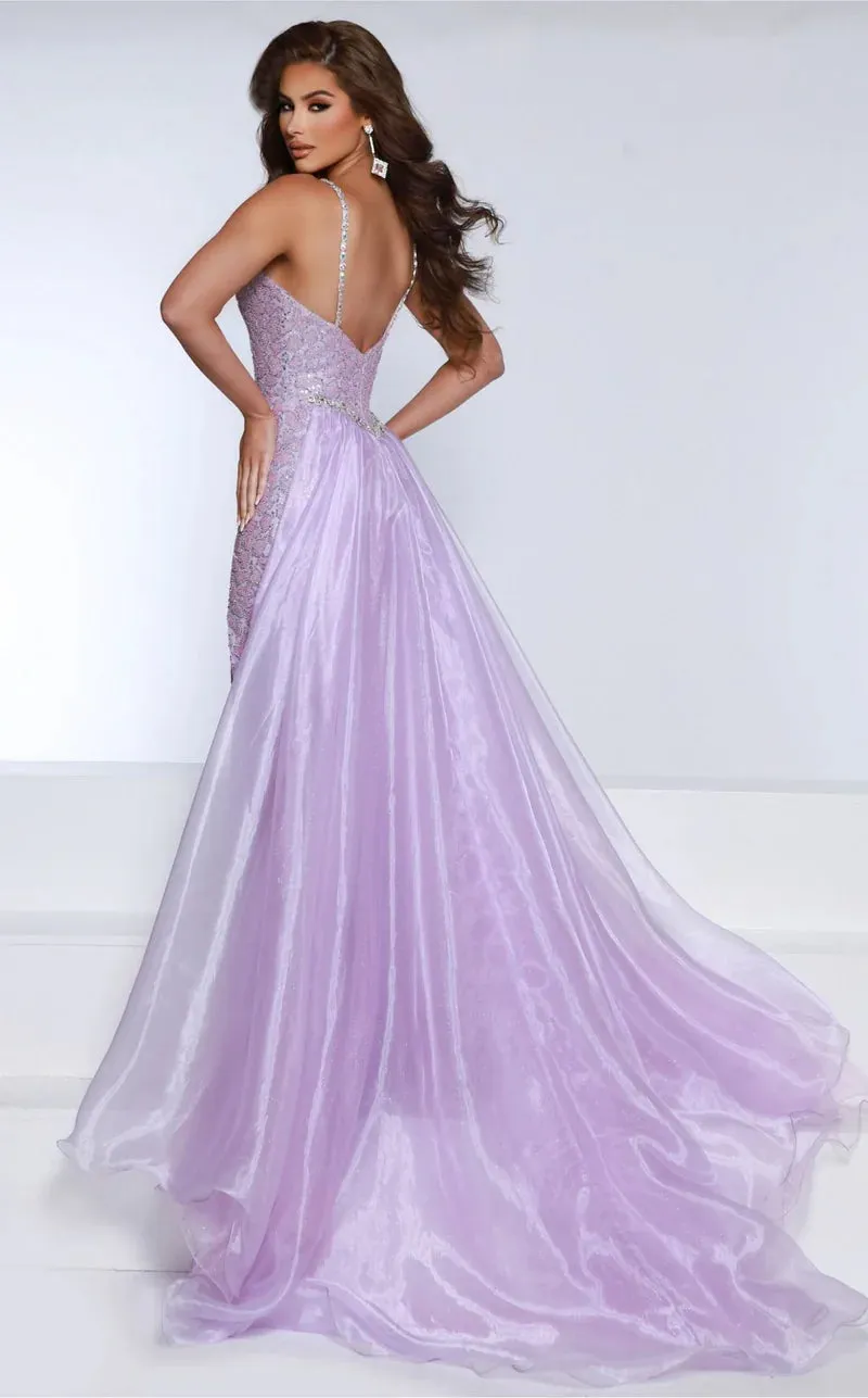Johnathan Kayne DKS2 Size 6 Lilac Beaded Fitted Pageant Dress Overskirt Slit Crystal Formal Gown