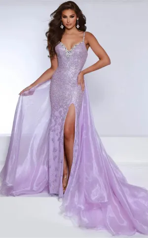 Johnathan Kayne DKS2 Size 6 Lilac Beaded Fitted Pageant Dress Overskirt Slit Crystal Formal Gown